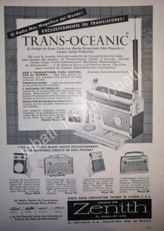 CARTEL ANTIGUO ORIGINAL DE MINI CARTEL. RADIO TRANS OCEANICO ZENITH 1950s /50