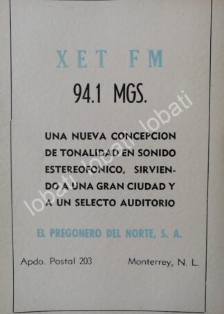 CARTEL ANTIGUO ORIGINAL DE RADIO DIFUSORA XETFM MONTERREY 1960s /35