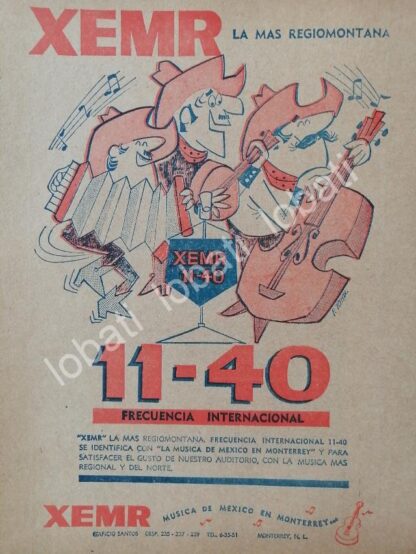 CARTEL ANTIGUO ORIGINAL DE INICIOS DE LA RADIO DIFUSORA XEMR RADIO MONTERREY 1960s /35
