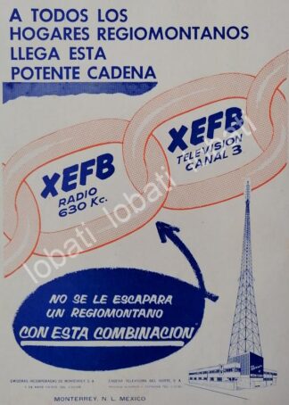 CARTEL ANTIGUO ORIGINAL DE TELEVISORA CANAL 3 MONTERREY XEFB TELEVICENTRO 1960a /28