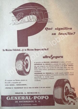 CARTEL ANTIGUO ORIGINAL DE LLANTAS GENERAL PÒPO DE MATAMOROS 1950s /41