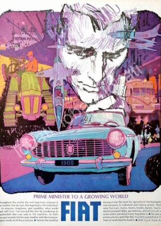 CARTEL ANTIGUO ORIGINAL DE AUTOS FIAT 1500 1964 DIBUJO DE BOB PEAK /334 RARO