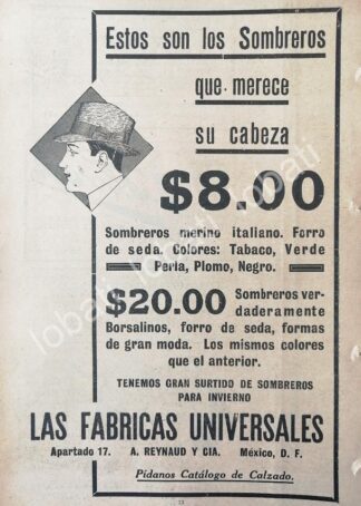 CARTEL ANTIGUO ORIGINAL DE TIENDAS LA FABRICAS UNIVERSALES, SOMBREROS 1920 /221