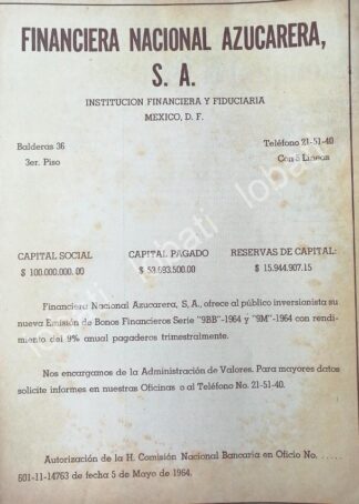 CARTEL ANTIGUO ORIGINAL DE BONOS DE FINANCIERA NACIONAL AZUCARERA 1964 /167