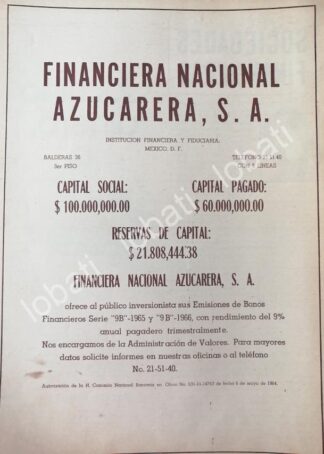 CARTEL ANTIGUO ORIGINAL DE BONOS DE FINANCIERA NACIONAL AZUCARERA 1964 /166