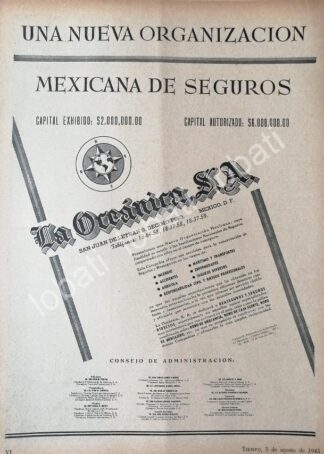 CARTEL ANTIGUO ORIGINAL DE INICIA OPERACIONES SEGUROS LA OCEANICA S.A 1945 /184