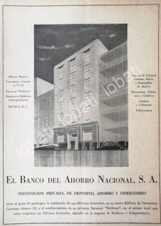 CARTEL ANTIGUO ORIGINAL DE BANCO DEL AHORRO NACIONAL, NUEVO EDIFICIO. 1946 /175