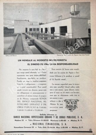 CARTEL ANTIGUO ORIGINAL DE BANCO NACIONAL HIPOTECARIO Y NUEVA PLANTA DE AGUA SAN LUIS POTOSI 1946 /173