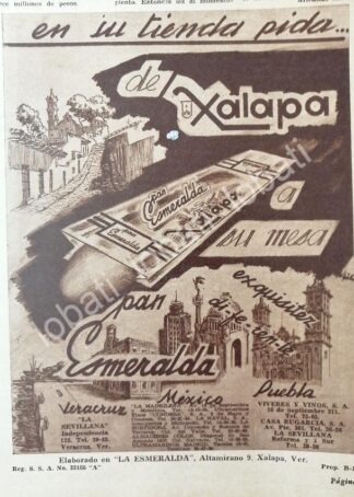 CARTEL ANTIGUO ORIGINAL DE PAN ESMERALDA DE XALAPA 1950 /571 SUPER RARO 10+++