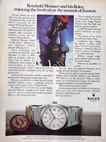 CARTEL ANTIGUO ORIGINAL DE EL ALPINISTA REINHOLD MESSNER & RELOJES ROLEX 1980s /90 FEP