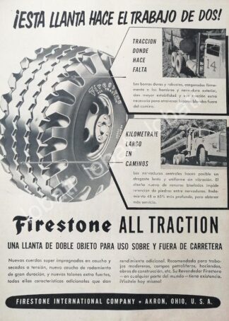 CARTEL ANTIGUO ORIGINAL DE LLANTAS FIRESTONE ALL TRACTION 1950s /N93