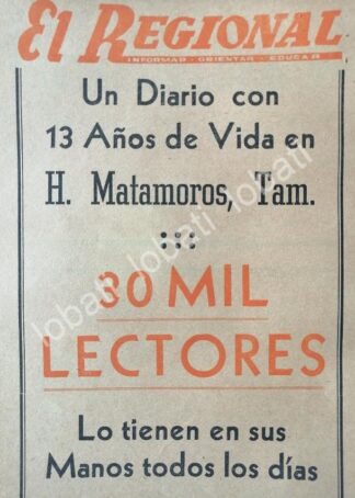 CARTEL ANTIGUO ORIGINAL DE AFICHE DEL DIARIO EL REGIONAL 1950, MATAMOROS /63