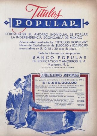 CARTEL ANTIGUO ORIGINAL DE BANCO PUPULAR DE EDIFICACION. MONTERREY 1950 /219