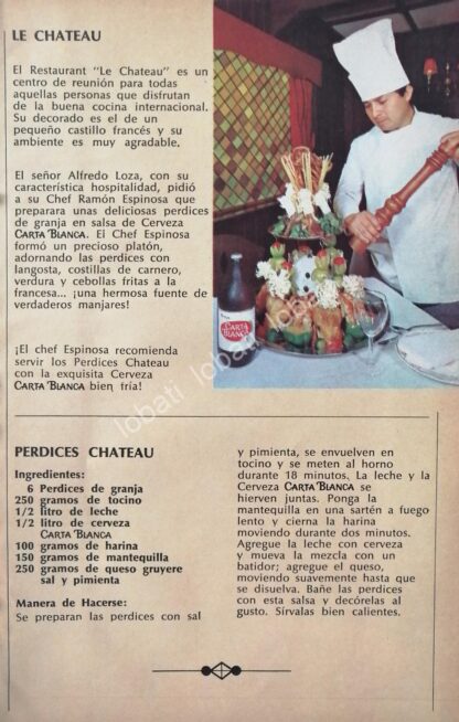 CARTEL ANTIGUO ORIGINAL DE CERVEZA CARTA BLANCA Y RESTAURANTE LE CHATEAU 1970s