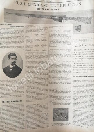 CARTEL ANTIGUO ORIGINAL DE EL CORONEL MANUEL MONDRAGON Y SU FUSIL 1894 Y MAS /MLT