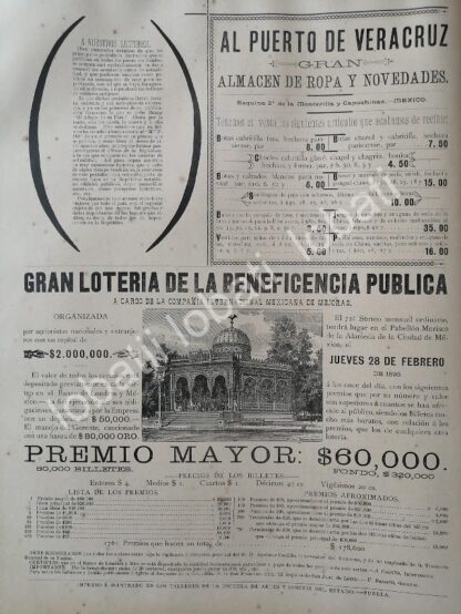 CARTEL ANTIGUO ORIGINAL DE ORGANO AEOLIAN DE CASA WAGNER Y LEVIEN 1895 Y LOTERIA NACIONAL. /13 - Image 2