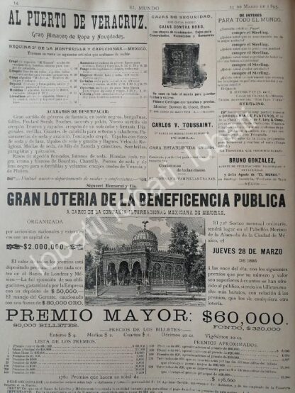 CARTEL ANTIGUO ORIGINAL DE CASA WAGNER LEVIEN, PIANOS STEINWAY, LOERIA NACIONAL 1895 Y OTRAS - Image 2