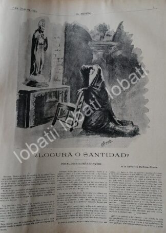 CARTEL ANTIGUO ORIGINAL DE CUENTO INEDITO DE PEÑA IDIAQUEZ A DELFINA NIEVA. LOCURA O SANTIDAD 1895