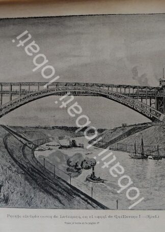 CARTEL ANTIGUO ORIGINAL DE NUEVO PUENTE ELEVADO LEVENSAU EN EL CANAL DE KIEL 1895 ALEMANIA