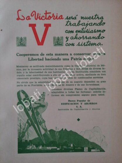 CARTEL ANTIGUO ORIGINAL DE FOLLETO DEL BANCO BANCO POPULAR DE EDIFICACION. MONTERREY 1943 /220 - Image 2