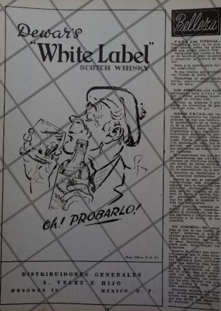 CARTEL PUBLICITARIO ANTIGUO WHISKY DEWARS 1951 VINOS