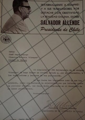 AFICHE RETRO ORIGINAL. CARTA DE SALVADOR ALLENDE A JOSE PAGES LLERGO 1973
