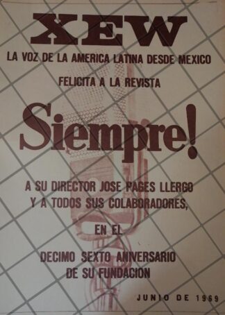 AFICHE RETRO ORIGINAL. X.E.W RADIO FELICITA A JOSE PAGERS LLERGO 1969