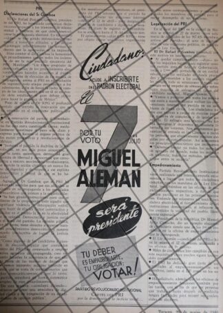 AFICHE POLITICO RETRO ELECCIONES 1946 MIGUEL ALEMAN