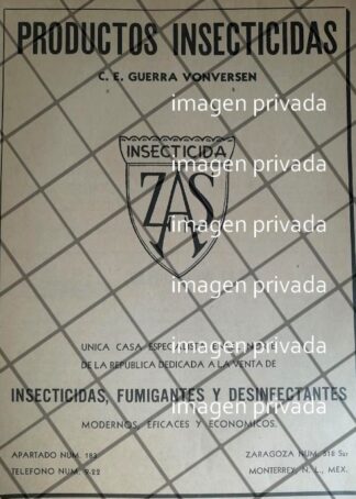 AFICHE PUBLICIDAD RETRO INSECTICIDA ZAS 1941 MONTERREY