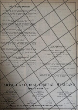 AFICHE POLITICO RETRO PARTIDO NACIONAL LIBERAL MEXICANO 1946