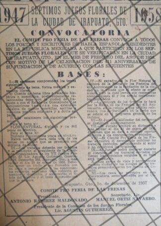 AFICHE ANTIGUO 7MOS JUEGOS FLORALES DE IRAPUATO 1958