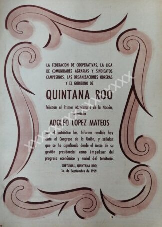 CARTEL ANTIGUO QUINTANA ROO FELICITA A LOPEZ MATEOS. 1959