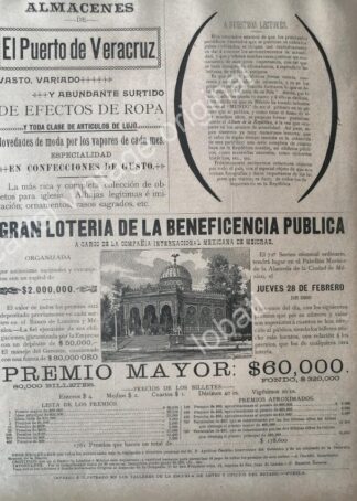 CARTEL ANTIGUO ORIGINAL DE LOTERIA NACIONAL 1895 Y TIENDA AL PUERTO DE VERACRUZ