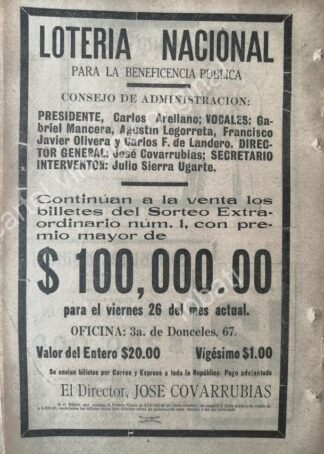 CARTEL ANTIGUO ORIGINAL DE LOTERIA NACIONAL 1920. JOSE COVARRUBIAS, GABRIEL MANCERA /136