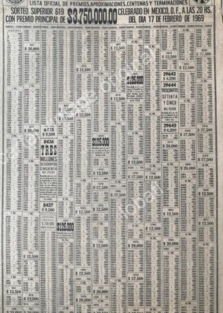 CARTEL ANTIGUO ORIGINAL DE CARTELERA DE PREMIOS LOTERIA NACIONAL 17 FEBRERO 1969 /124