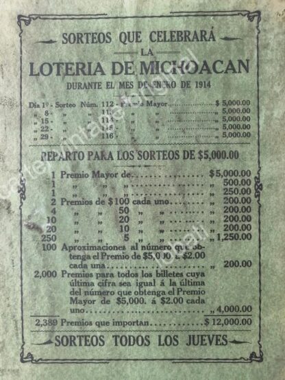 CARTEL ANTIGUO ORIGINAL DE LOTERIA DE MICHOACAN 1914 / MUY RARO - Image 3