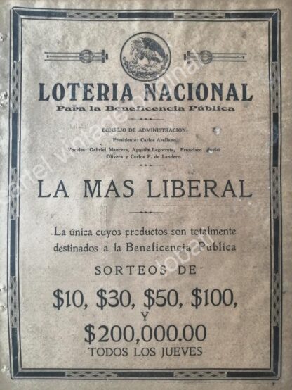 CARTEL ANTIGUO ORIGINAL DE LA LOTERIA NACIONAL 1921 Y GABRIEL MANCERA