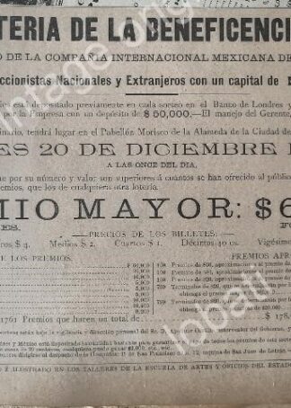 CARTEL ANTIGUO ORIGINAL DE LOTERIA NACIONAL DICIEMBRE 1894 /150