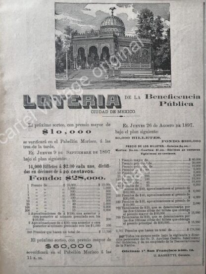 CARTEL ANTIGUO ORIGINAL DE LOTERIA NACIONAL AGOSTO 1897 Y EL KIOSCO MORISCO /149