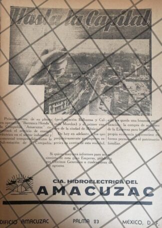PUBLICIDAD ANTIGUA. CIA. HIDROELECTRICA AMACUZAC 1944