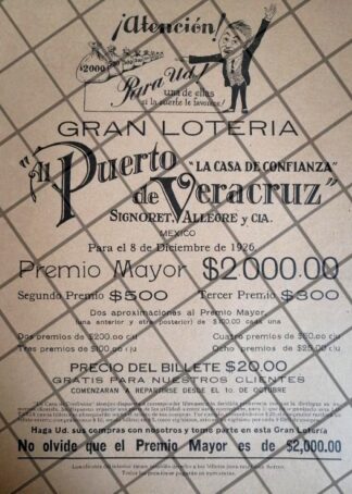 PUBLICIDAD RETRO LOTERIA TIENDA AL PUERTO DE VERACRUZ 1926