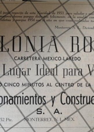 AFICHE RETRO INICIOS DE LA COLONIA ROMA. MONTERREY 1953