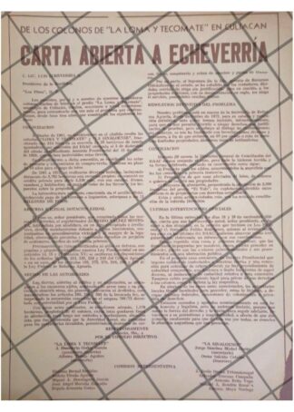 AFICHE RETRO. CARTA DE COLONIA TECOMATE A LUIS ECHEVERRIA 1973