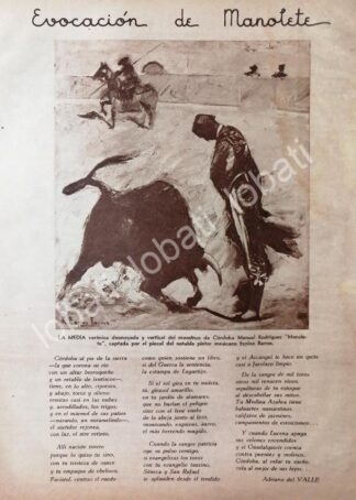 CARTEL ANTIGUO ORIGINAL DE EVOCACION A MANOLETE DIBUJO DE RUANO LLOPIS 1940s / TOROS