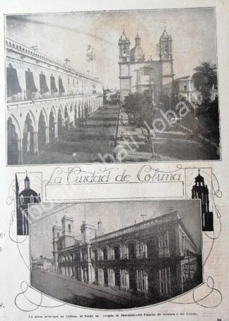 CARTEL ANTIGUO ORIGINAL DE CIDUAD DE COLIMA 1920s PLAZA PRINCIPAL Y CATEDRAL / LDM