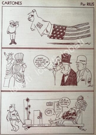 CARTEL ANTIGUO ORIGINAL DE CARICATURA VINTAGE DE RIUS. TRAICION DE LA OEA Y U.S.A 1964