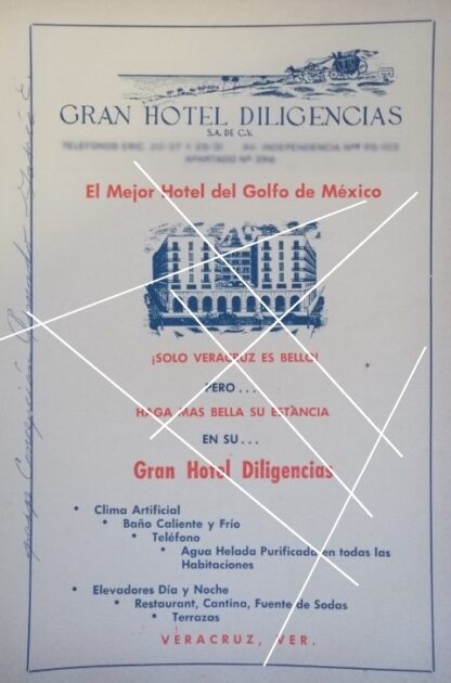 AFICHE ANTIGUO HOTEL LAS DILIGENCIAS. VERACRUZ 1960 /RARO