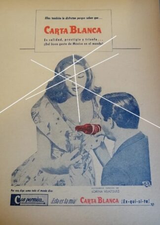 AFICHE RETRO CERVEZA CARTA BLANCA Y LORENA VELAZQUEZ 1960