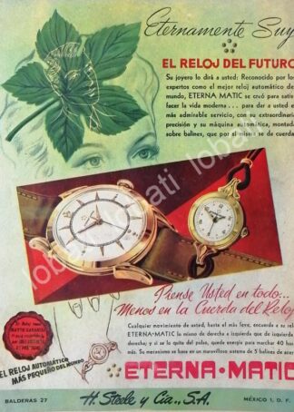 CARTEL ANTIGUO ORIGINAL DE RELOJES ETERNA MATIC 1953 IMPORTADORA H. STEELE & CIA / 50