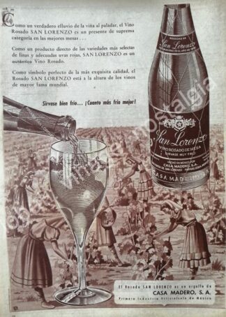 CARTEL ANTIGUO ORIGINAL DE VINO ROSADO SAN LORENZO 1958 CASA MADERO /V265